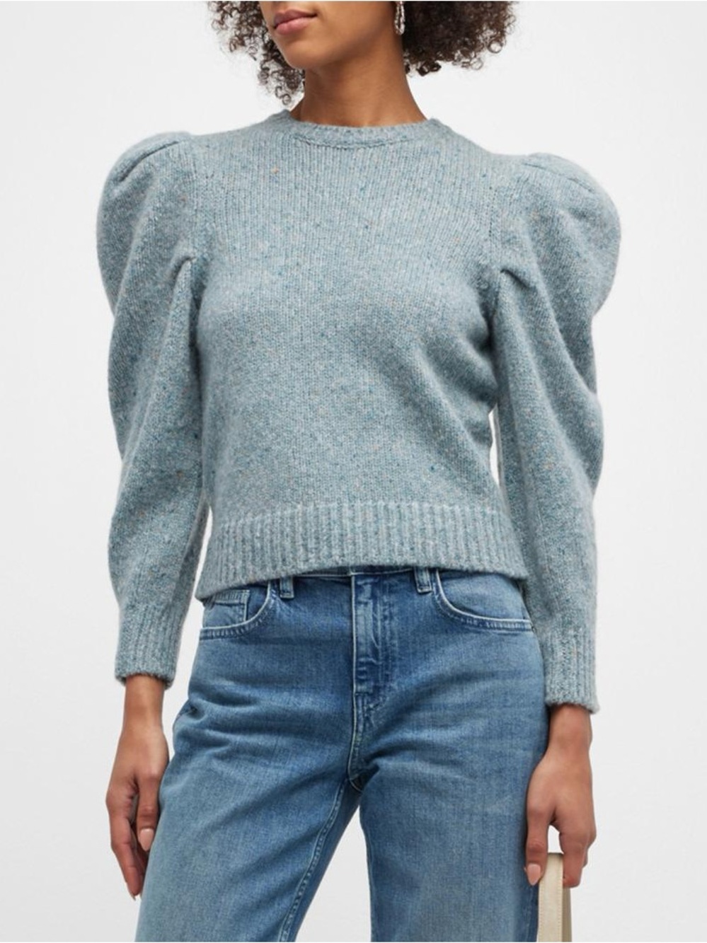 Frame Pleated Sleeve Chambray Blue Puff Sleeve Crewneck Knit